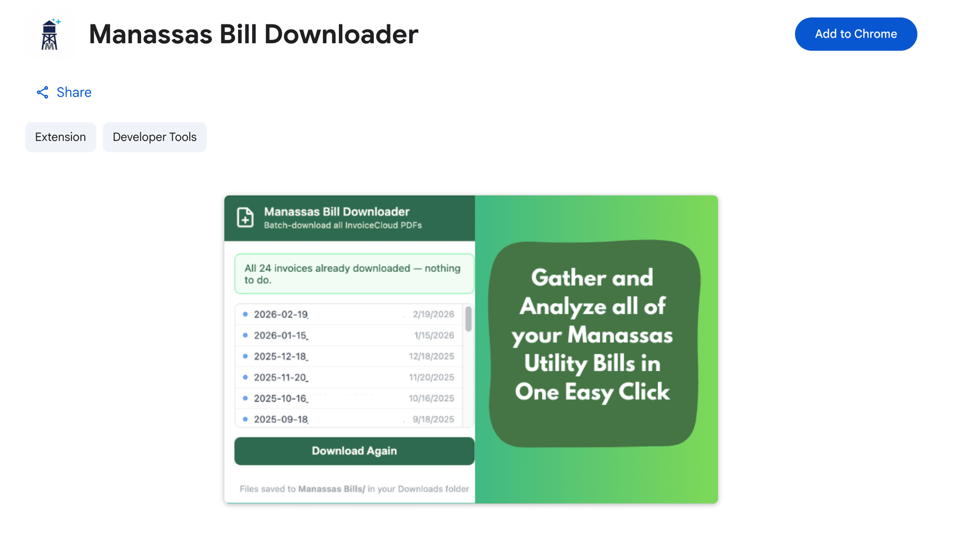Chrome Web Store page for Manassas Bill Downloader with the Add to Chrome button highlighted
