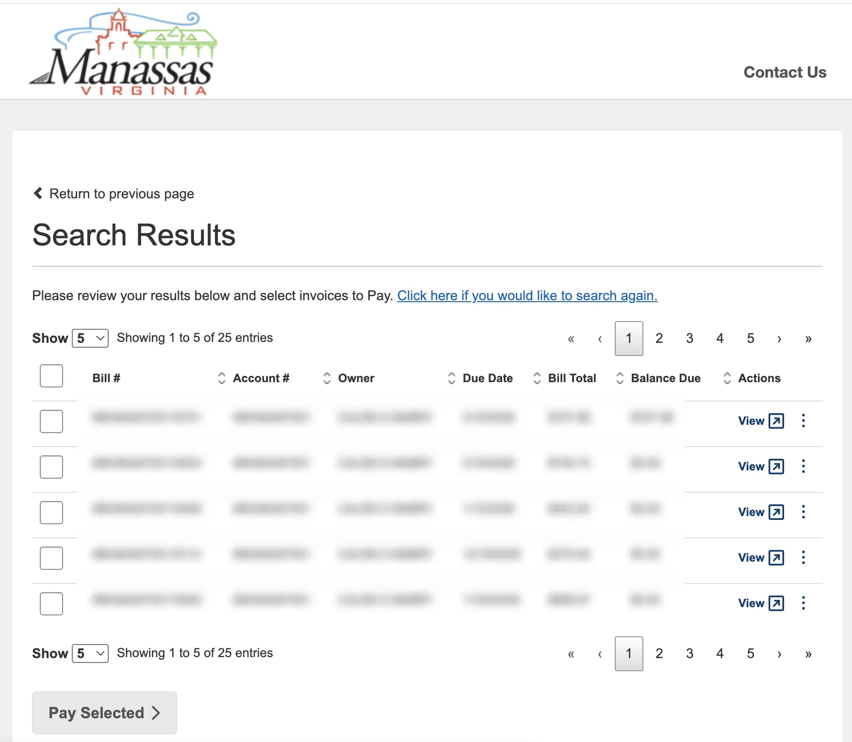 InvoiceCloud billing history page showing a table of invoices with pagination