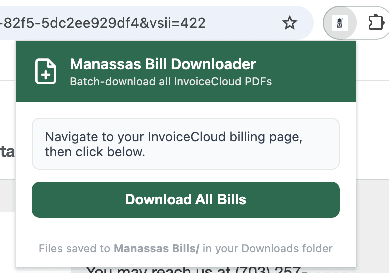 Chrome toolbar with extensions menu open, showing Manassas Bill Downloader with a pin icon