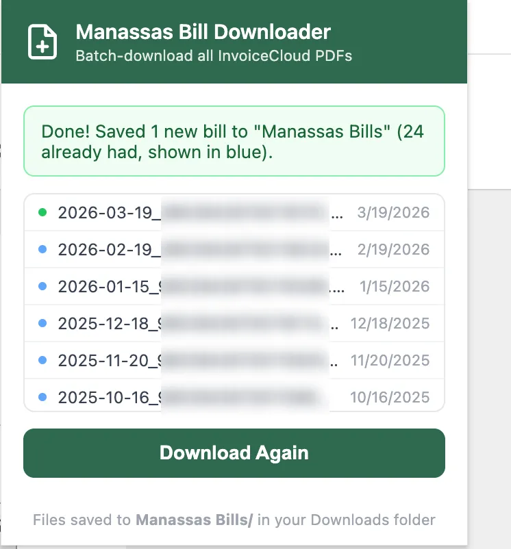 Extension popup showing download progress with green dots next to completed bills