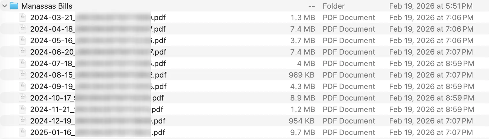 Finder / File Explorer showing the Manassas Bills folder with chronologically named PDF files
